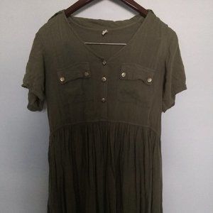 Navy Green Button Pocket Pleated Short Sleeve Knee Length Fitted Large Dress